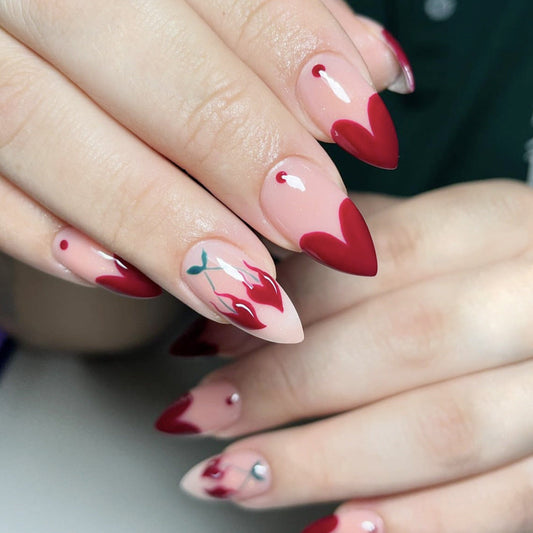 Popular Almond Shaped Red Heart French Cherry Polka Dot Detachable Fake Nails-homeunderwear