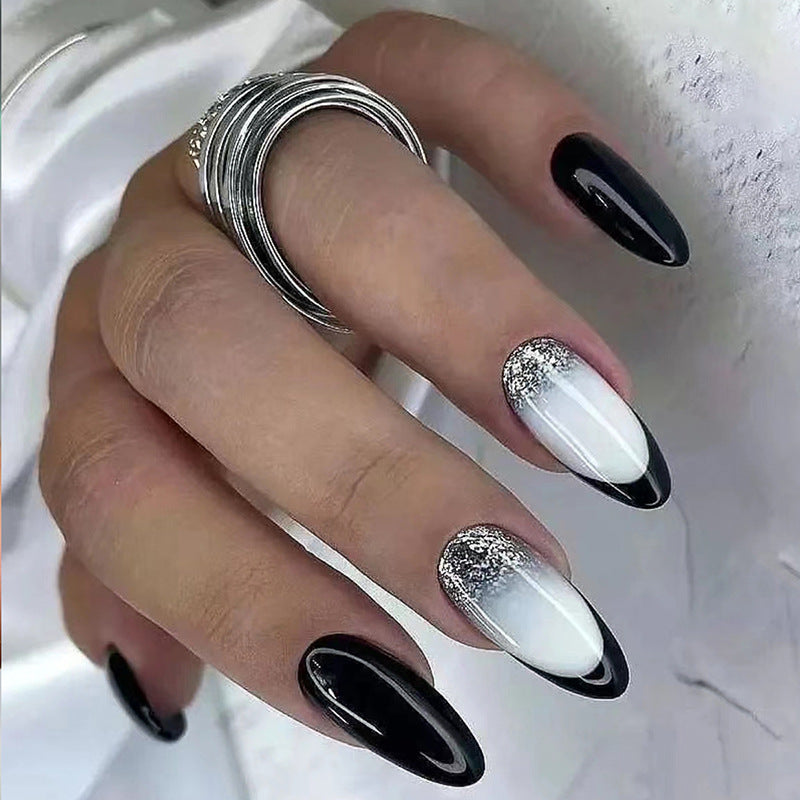 Popular Almond-Shaped Black French Nails, Shiny and Chic