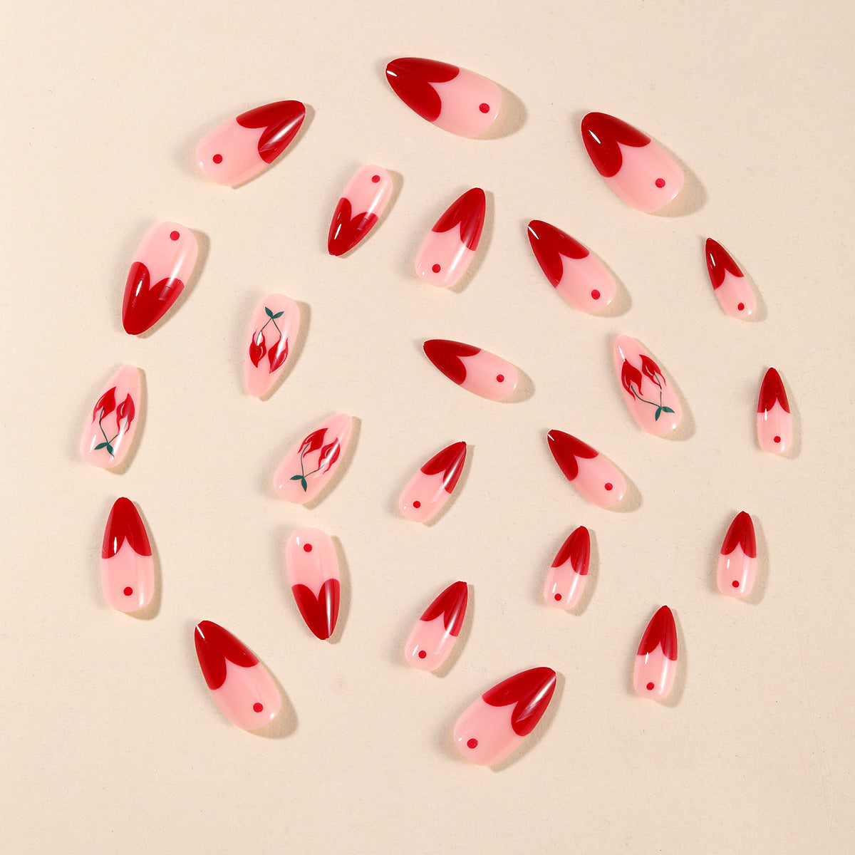 Popular Almond Shaped Red Heart French Cherry Polka Dot Detachable Fake Nails-homeunderwear