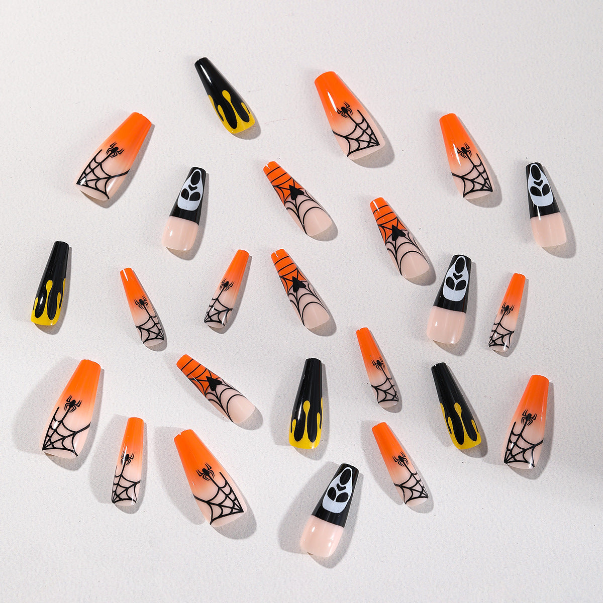 Popular Halloween Long Ballet Fake Nails with Ghosts, Spider Web, Hearts, and Orange