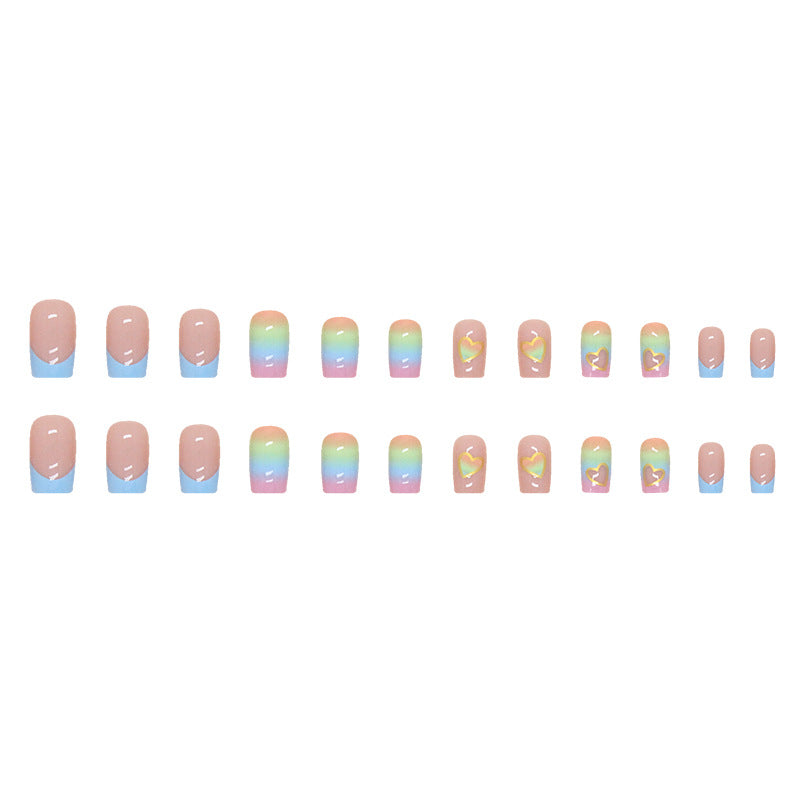 Popular Heart Rainbow French Nails, Mid-Length Square, Cute and Natural, Ins Style