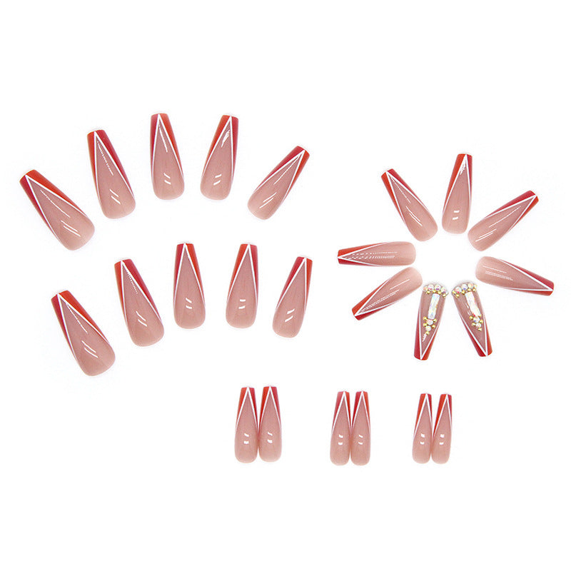 Popular Long Ballet Nails Aurora Square Diamond Dual-Color Edge Orange Red