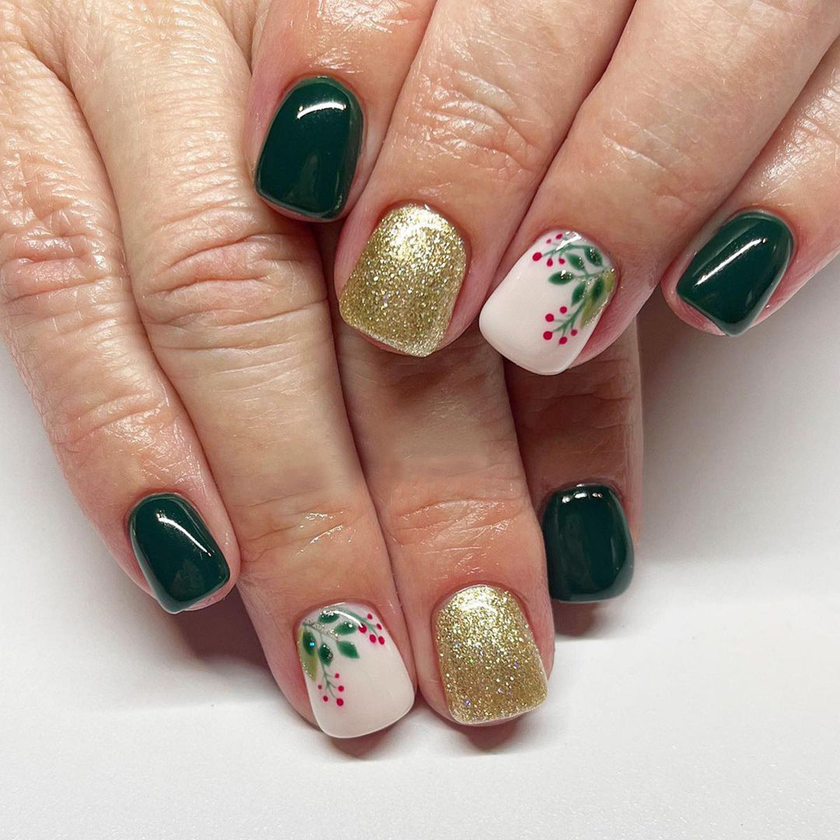 Popular Christmas Tree and Leaf Nails, Berry and Gold Glitter