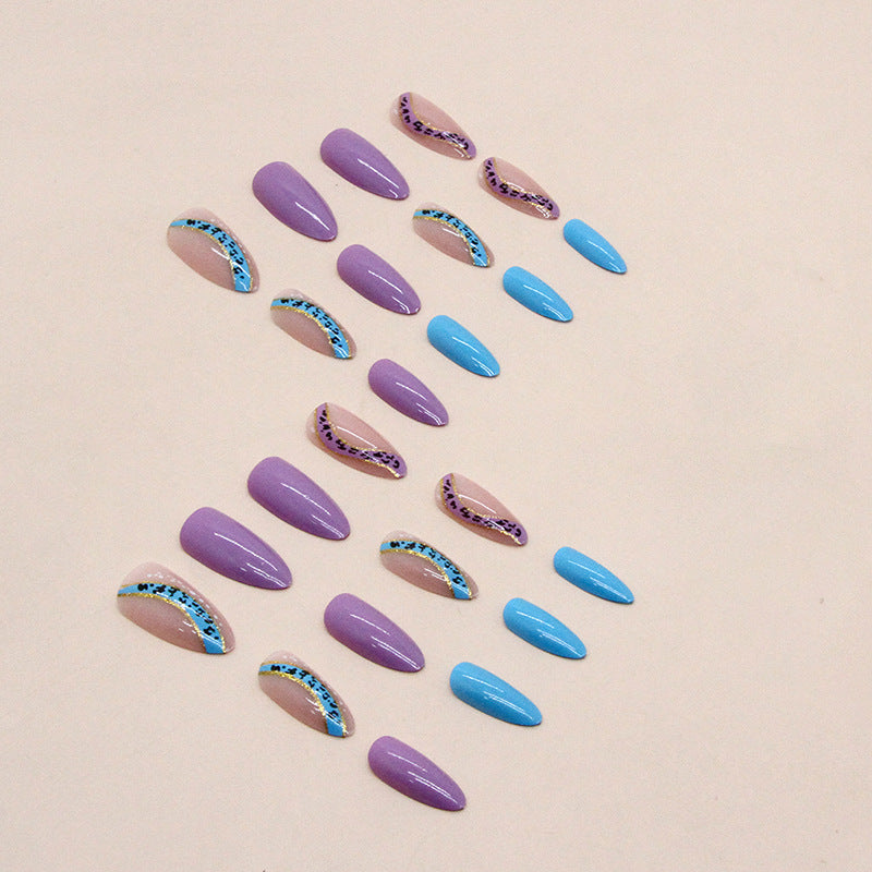 Popular European Leopard Almond Nails, Blue-Purple Ombre with Glitter