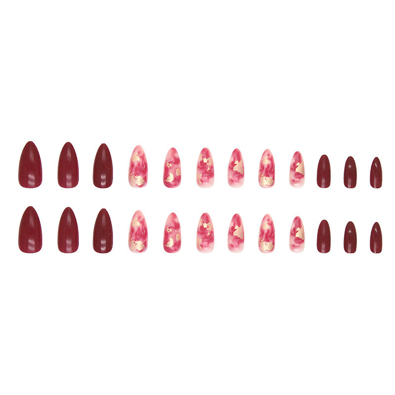 Popular Wine Red Ombre Chinese Style Gold Foil Nails Ins Style Party Bride