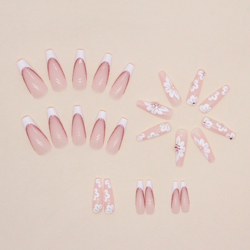 Popular Sweet French Sparkling Diamond Nails Long Ballet 24-Piece Box