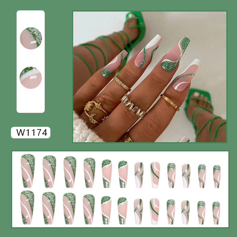 Popular Long Ballet Green Flash Wave Nails Sweet Fashion