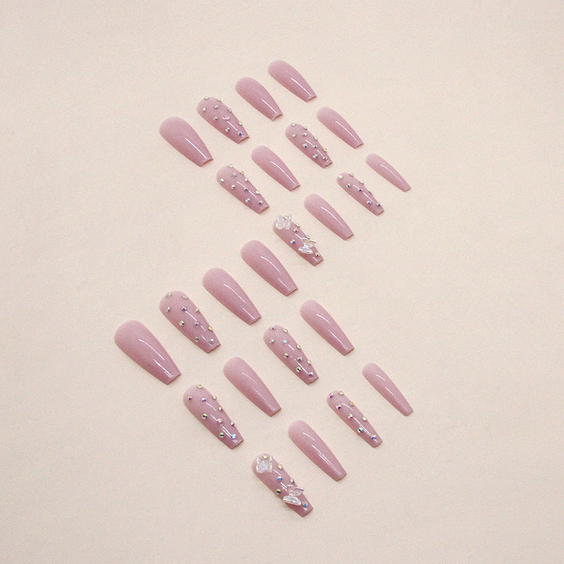 Popular Long Ballet Pink Crystal Butterfly Nails Fairy-Like