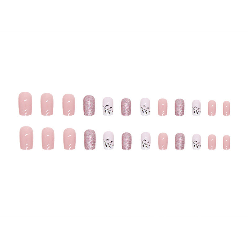 Popular Square Nude Shiny Full Nails, Black Leaf Silhouette, Ins Style