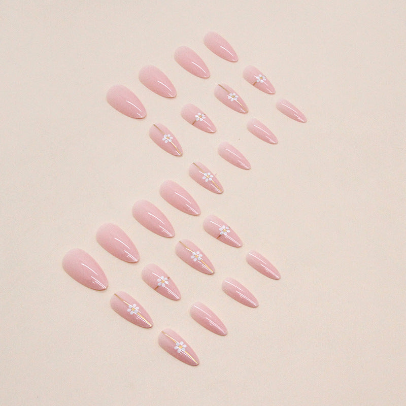 Popular Simple Gold Line Flower Nails Round Almond Pink Sweet 24 Pieces