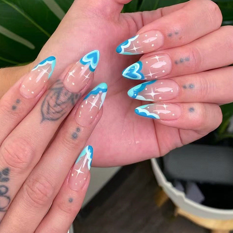 Popular Cool Summer Lake Blue Heart French Almond Nails Ins-Style