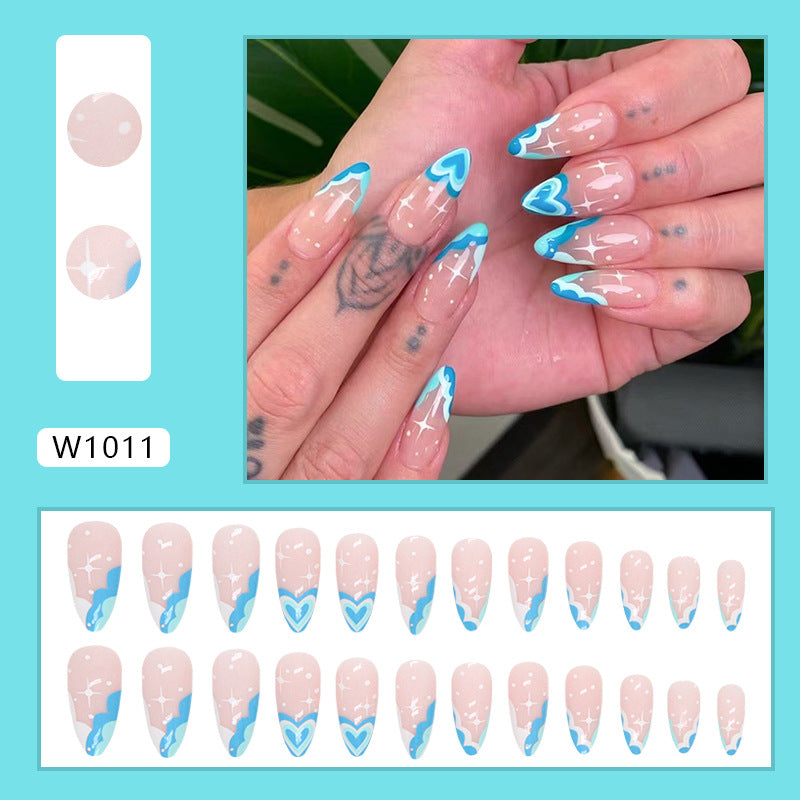 Popular Cool Summer Lake Blue Heart French Almond Nails Ins-Style