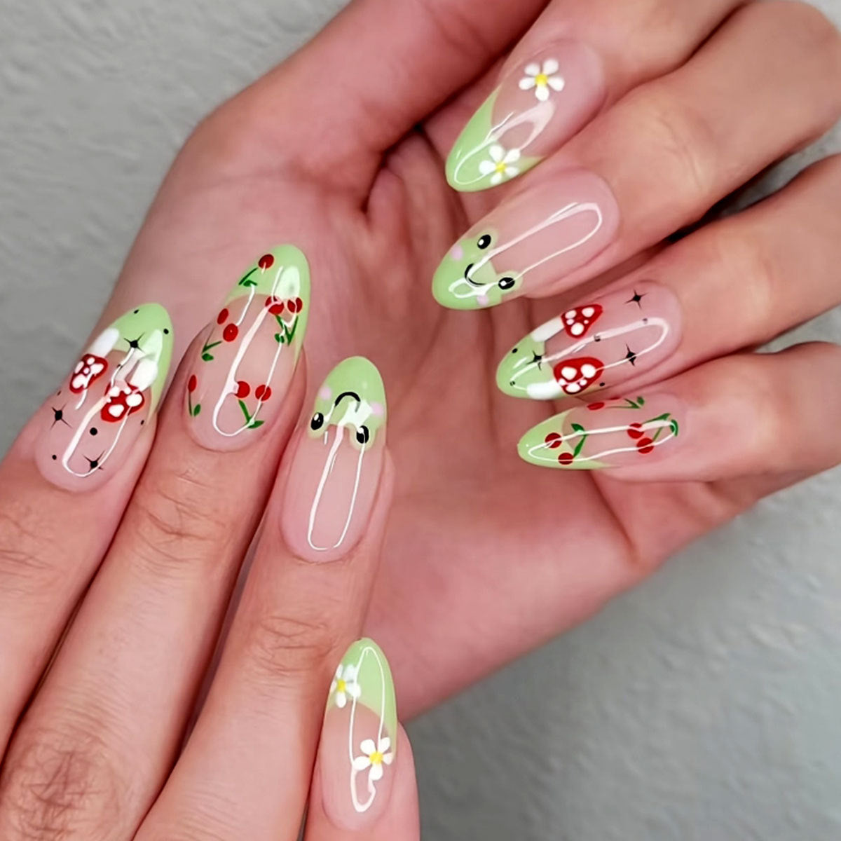 Popular Almond Fresh Green French Cherry Blossom Frog Detachable Fake Nails-homeunderwear