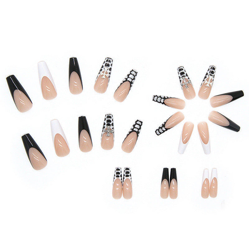 Popular Wholesale Finished Long Ballet Nails Black Mysterious Cross Pattern 24-Piece Box