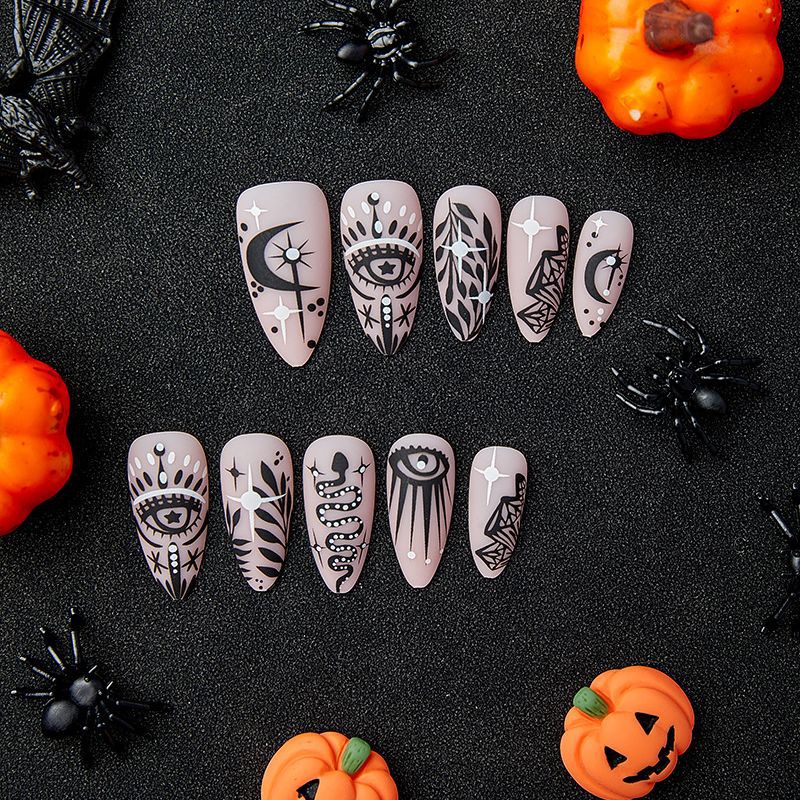 Popular Almond Nails Black Totem Wearable Big Eye Diamond Moon Euro Halloween Ins Style