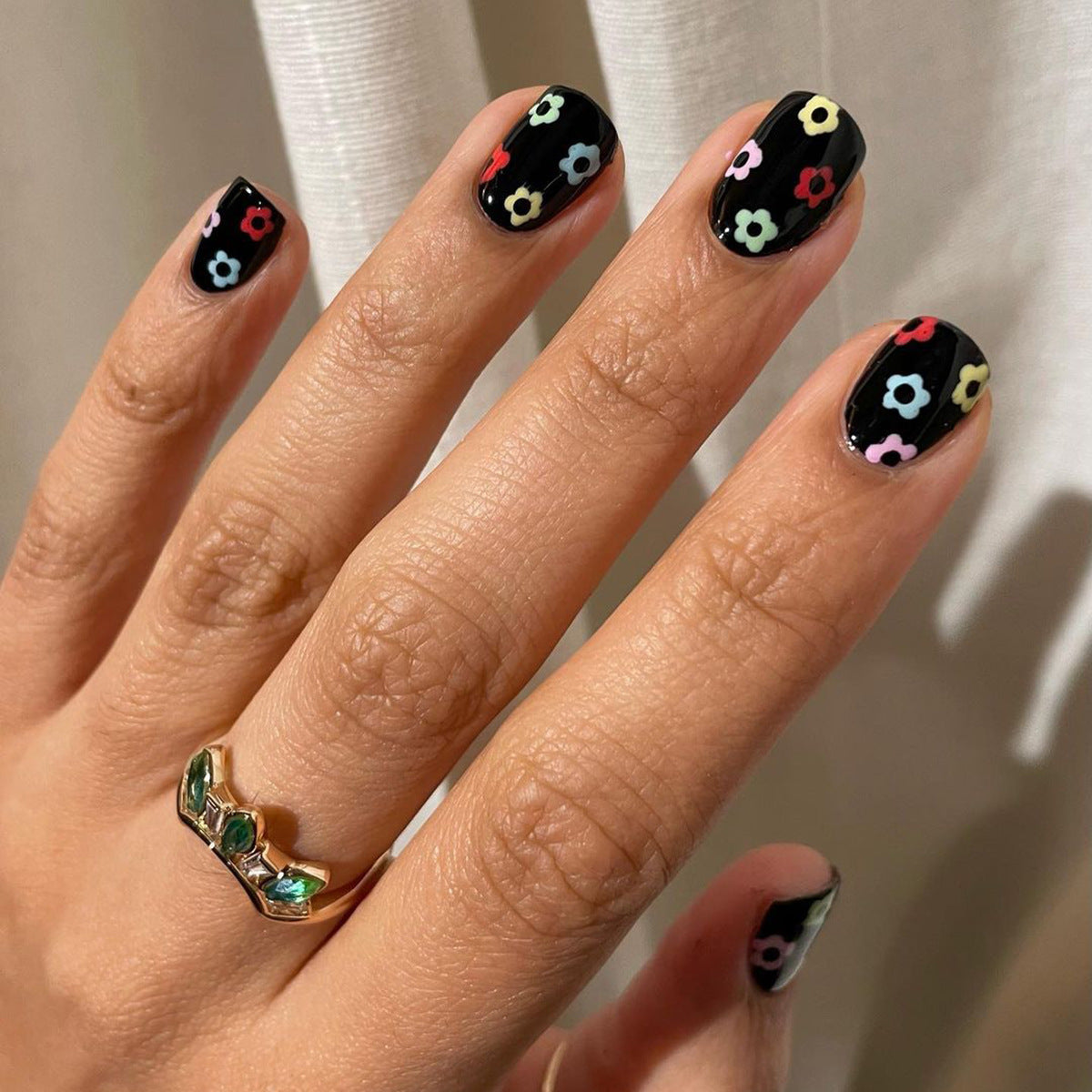 Popular Dark Square Short Nails, Cute Flower and Cartoon Design