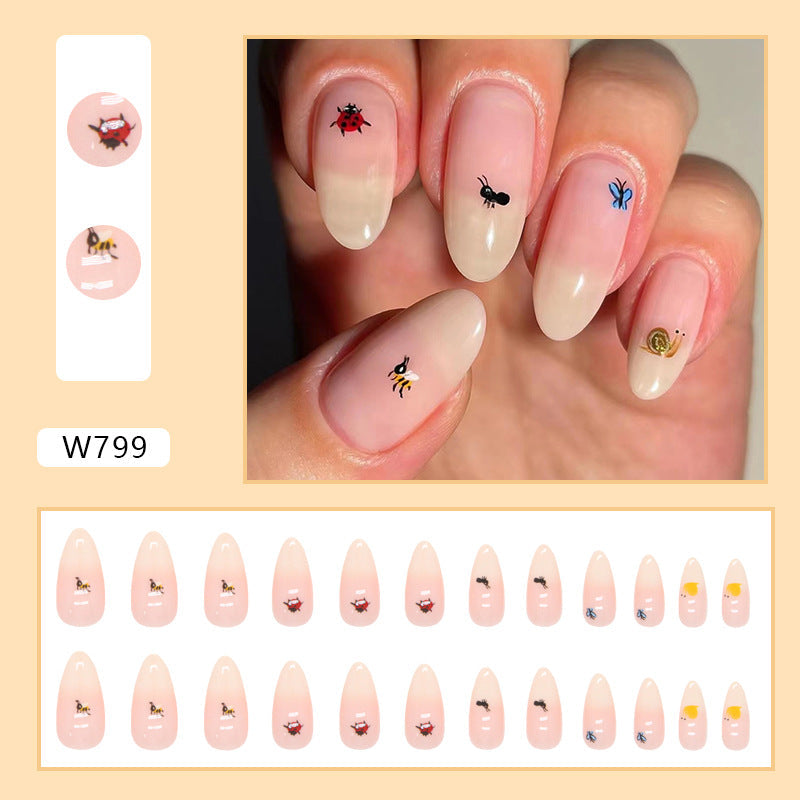 Popular Apricot Gradient Almond Nails Adorable Animal Collection Butterfly Ant Snail Kids Nails-homeunderwear