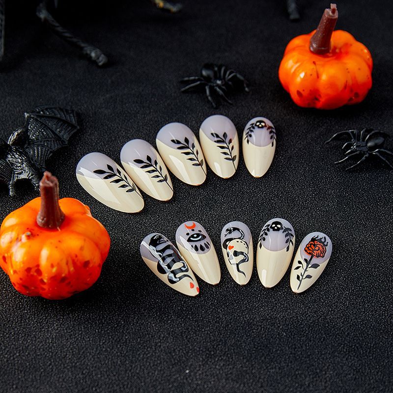 Popular Dark Snake Rose Nails Black Almond Sweet Cool Euro Fashion Halloween Fake Nails