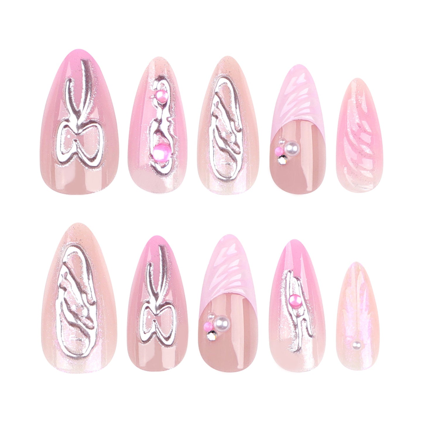 Popular 3D Bow Handmade Mirror Pink Silver Nail Tips-Homeunderwear