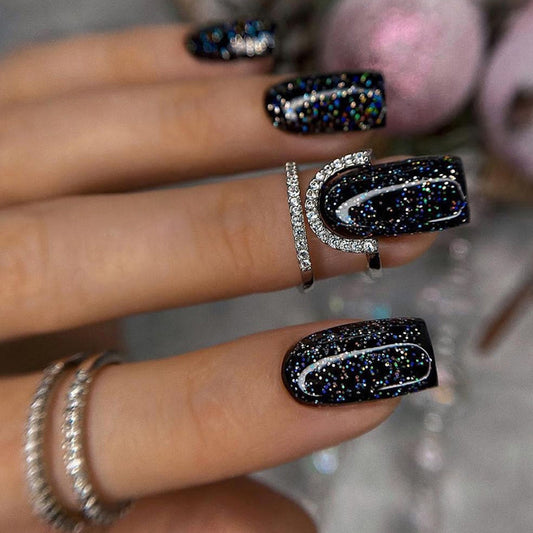 Popular Solid Color Glitter Full-Cover Mid-Length Square Nails, Starry Sky Chic