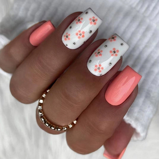 Popular Mid-Length Square Nails, Cute Pink Floral Design