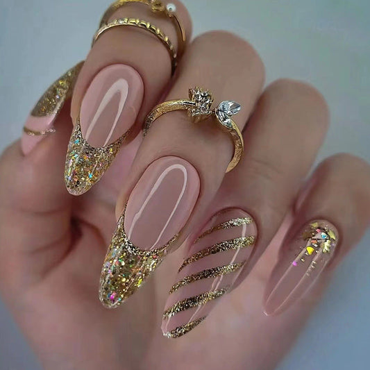 Popular Almond Nails Euro Super Glitter Gold Powder Striped Finished Wearable Nails Wholesale