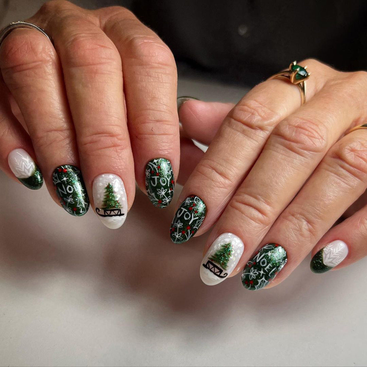 Popular Christmas Green Trees, Red Berries, and White Snowflakes Nails