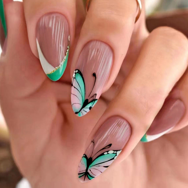 Popular Triangular French Green Almond Nails with Butterfly Design