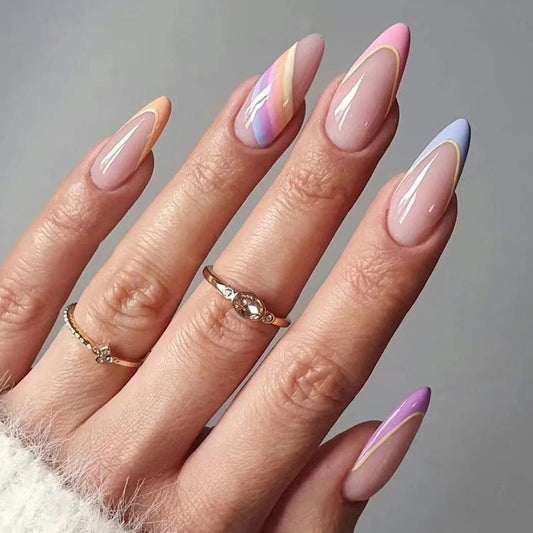 Popular No-Carve Nail Tips Multicolor Striped Waterdrop Nails Wholesale Ready-Made Wearable