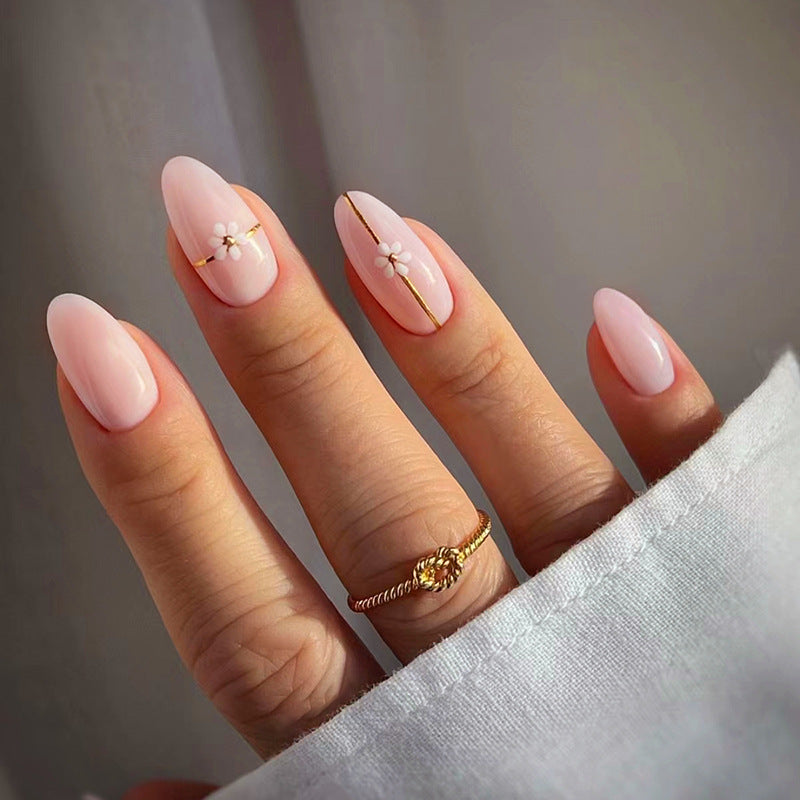 Popular Simple Gold Line Flower Nails Round Almond Pink Sweet 24 Pieces