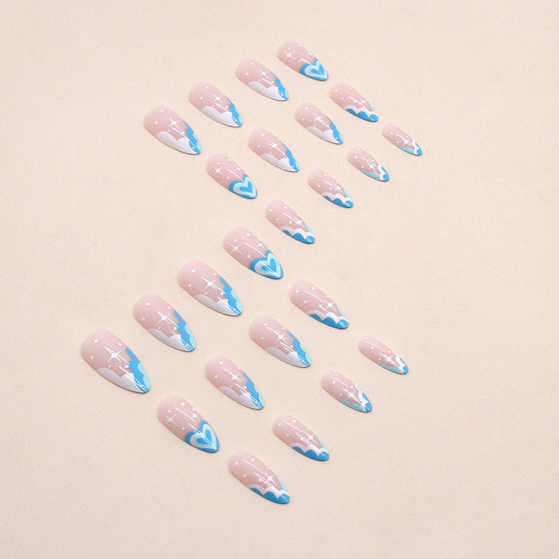 Popular Cool Summer Lake Blue Heart French Almond Nails Ins-Style