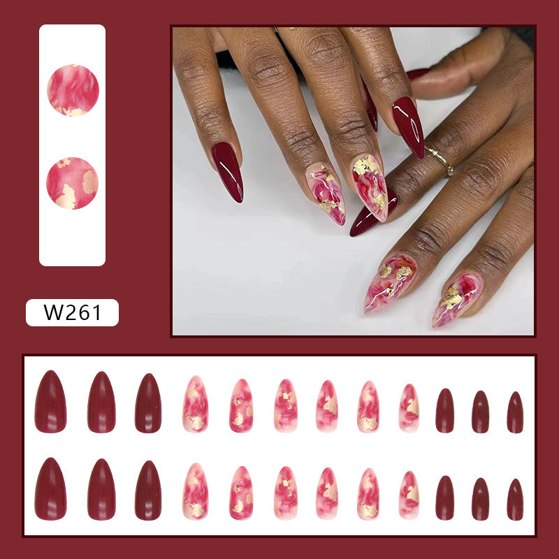 Popular Wine Red Ombre Chinese Style Gold Foil Nails Ins Style Party Bride