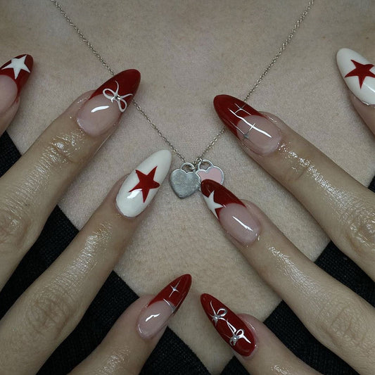 Popular New Arrival Almond Red French Star Bow Detachable Fake Nails