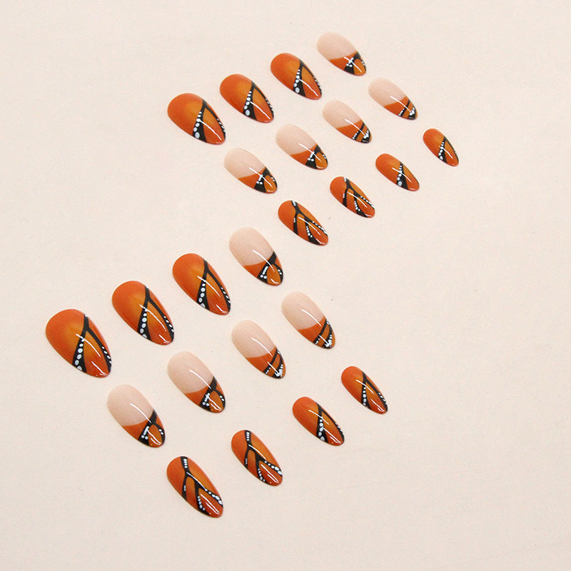 Popular Round Tip Almond Nails, Orange and Black Halloween Design