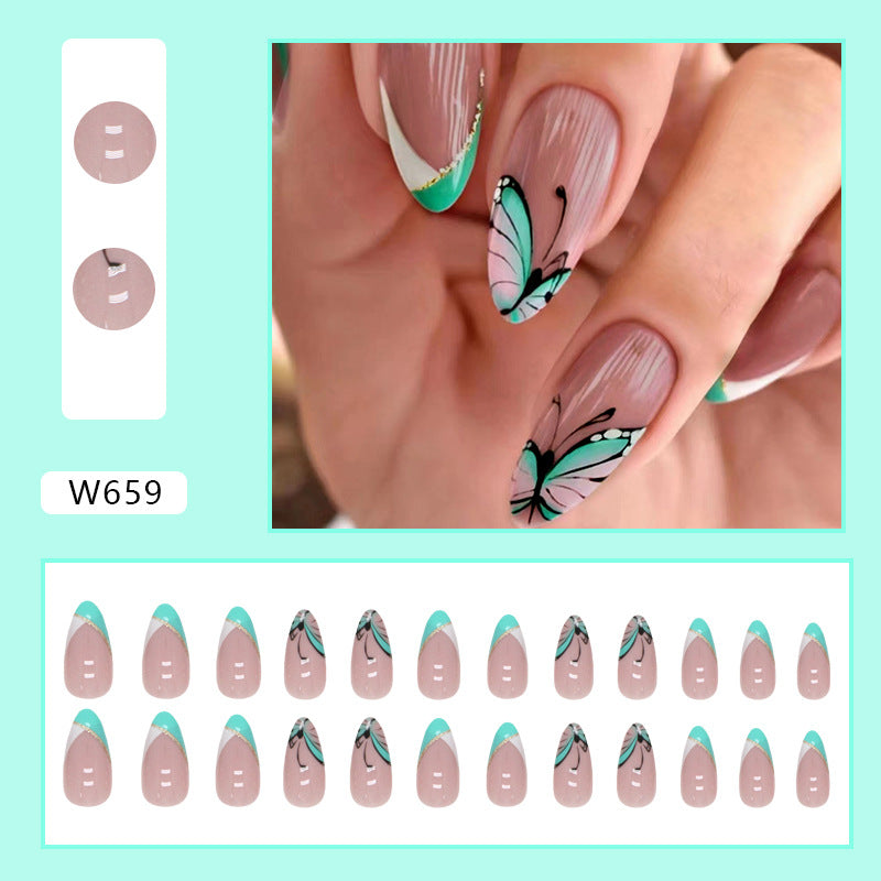 Popular Triangular French Green Almond Nails with Butterfly Design