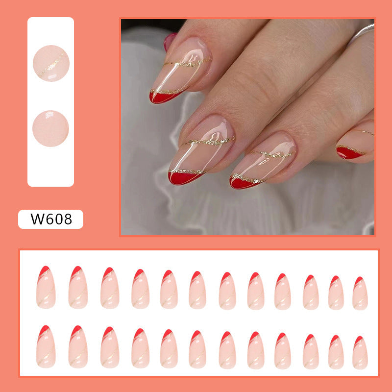 Popular Almond Round Nails Glitter Wave Red Triangle French Bridal Festival Wearable Nails