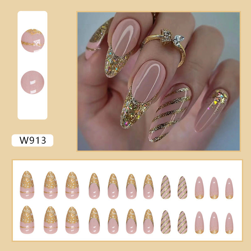 Popular Almond Nails Euro Super Glitter Gold Powder Striped Finished Wearable Nails Wholesale