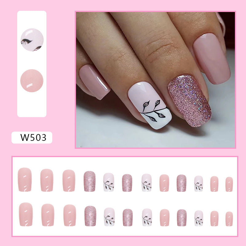 Popular Square Nude Shiny Full Nails, Black Leaf Silhouette, Ins Style