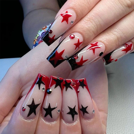 Popular Short T-Ballet Black Red Duo-Tone Star Diamond Detachable Fake Nails