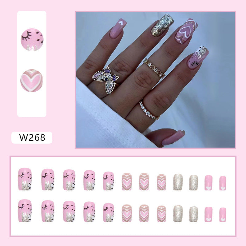 Popular Autumn Winter Flashy Pink Cute Girl Nails Heart Impact Nude Pink Ins Style Fake Nails Wholesale