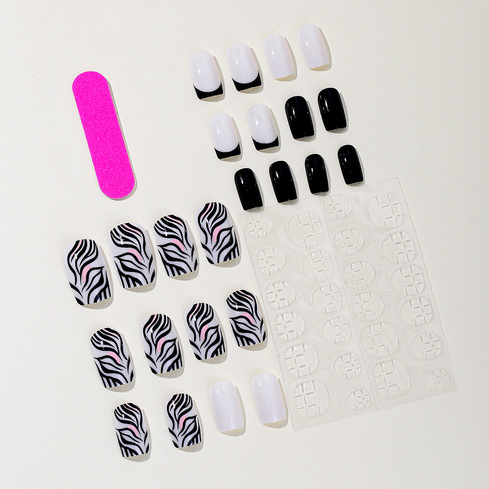 Popular Sweet Cool Black White Zebra French Square Finished Fake Nails