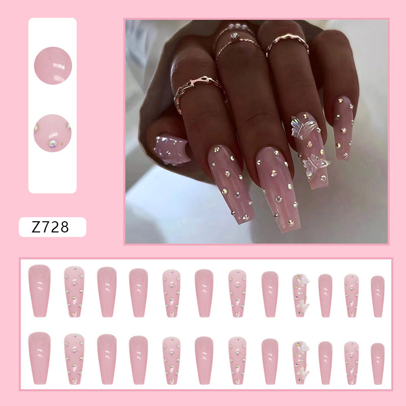 Popular Long Ballet Pink Crystal Butterfly Nails Fairy-Like