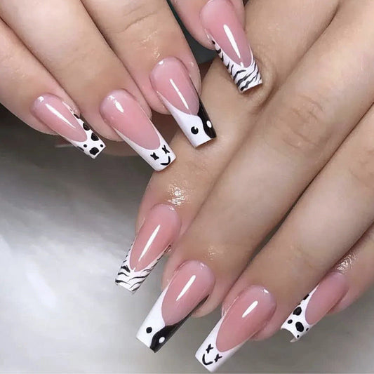 Popular Black White Chevron French Edge Zebra Print Finished Fake Nails