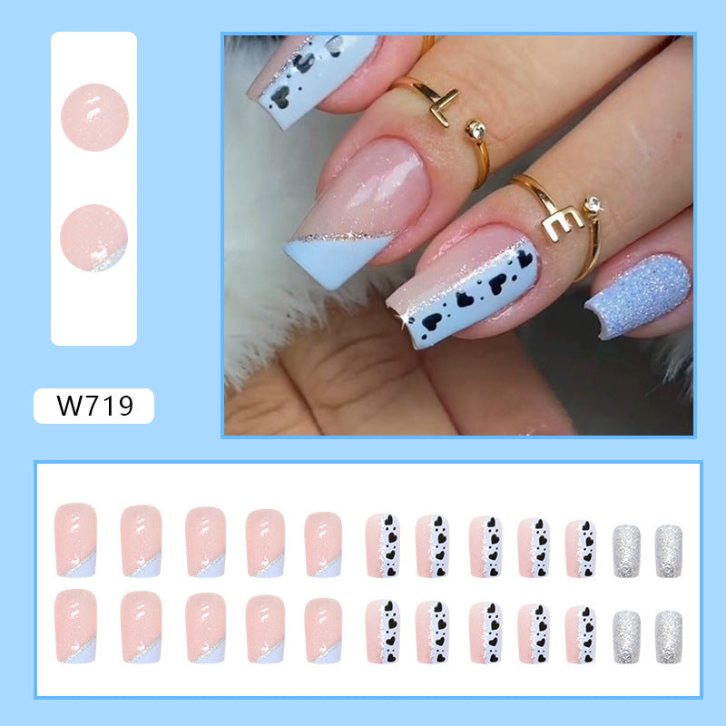 Popular Blue-White Triangular French Nails with Heart Polka Dots, Pink Square