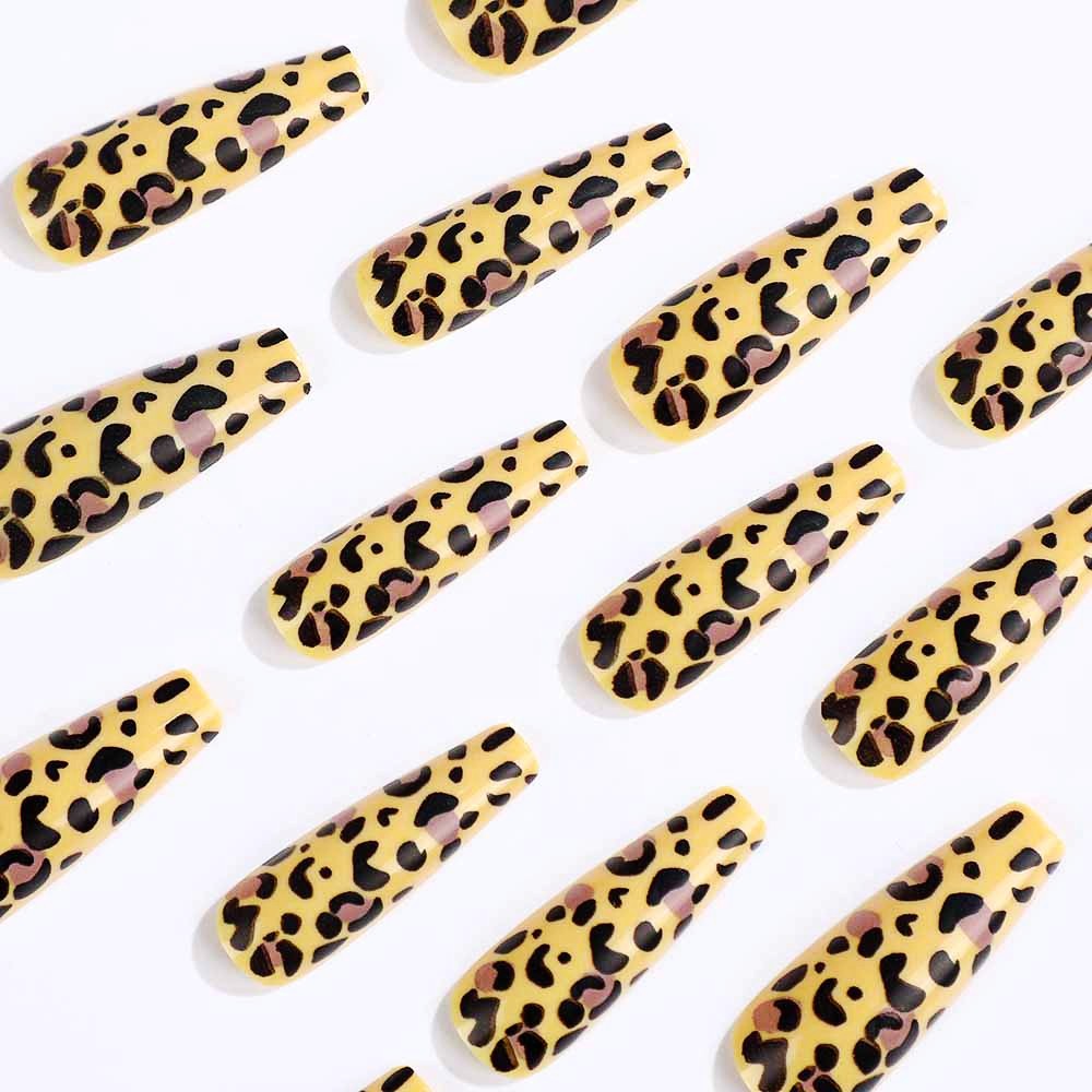 Popular Authentic Yellow Leopard Print Press-On Long Ballet Nails