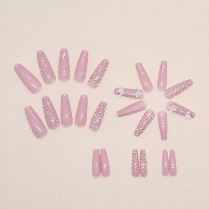 Popular Long Ballet Pink Crystal Butterfly Nails Fairy-Like