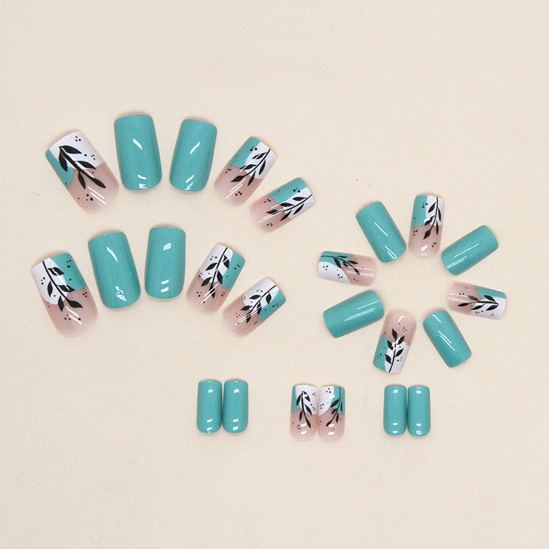 Popular Summer Fresh Mid-Length Nails, Lake Blue with Leaf Design