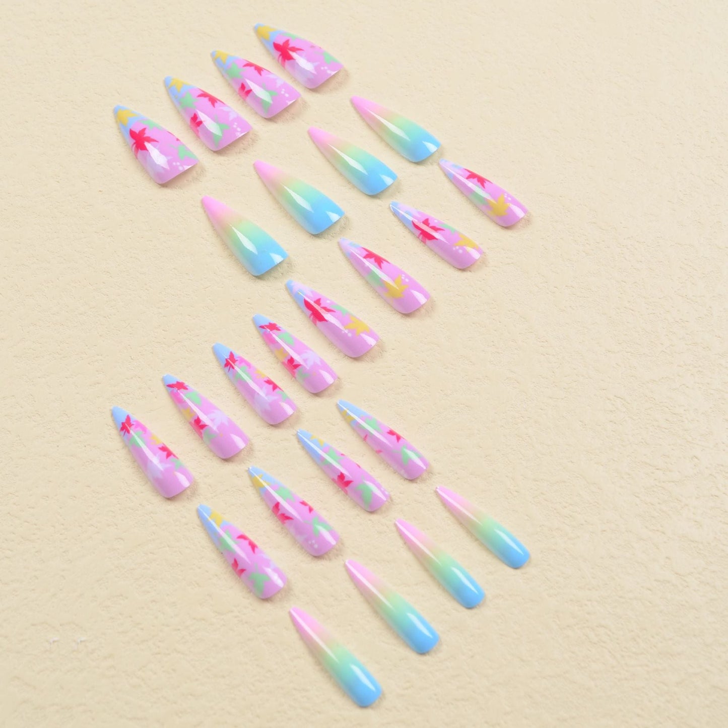 Popular Colorful Maple Leaf Gradient Nails, Long and Pointed