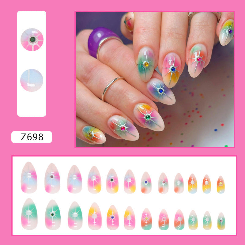 Popular Colorful Rainbow Star Diamond Nails Euro Star Almond Fake Nails Spicy Girl Halloween