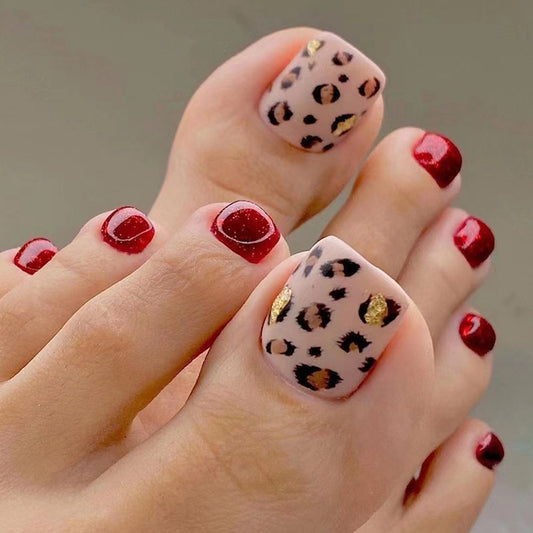 Popular Deep Red Shiny Leopard Print Toenails, 24-Piece Box, Stylish and Edgy